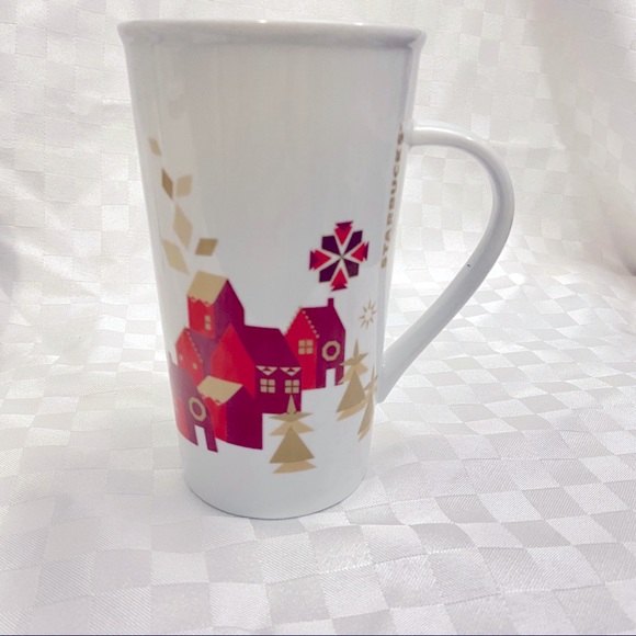 Starbucks 2013 Holiday Christmas Village Coffee Mug 18 oz Tall Red Gold Houses - Picture 9 of 9